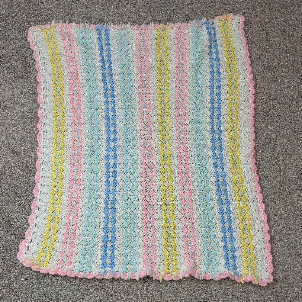 HOMEMADE Baby Afghan Blanket; Pink, Blue, Yellow, White, Green; Size 43 x 43